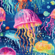 Colorful jellyfish pattern on a blue background, suitable for fabric prints.