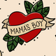 Red heart with the text 'MAMA'S BOY' surrounded by green leaves.
