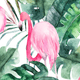 A pink flamingo among tropical leaves.