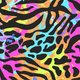 Colorful animal print design with pink, blue, and black patterns