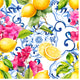 Pattern of yellow lemons, lemon slices, pink flowers, and blue floral swirls on a white background