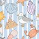 Illustration of various sea creatures and shells including starfish, crab, fish, and seashells in pastel colors.