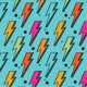 Pattern of multicolored lightning bolts (yellow, pink, blue, orange) with black outlines on teal background.