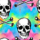 Pattern of skulls and crossbones on a vibrant rainbow-colored background