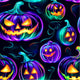 Seamless pattern of glowing neon jack-o'-lanterns with swirling vines on a black background.