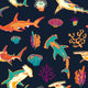 Pattern of colorful sharks and coral on a dark background.
