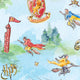 Watercolor pattern with owls, broomsticks, a red crest, and the HP monogram on a pale blue background.