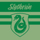 Green Slytherin shield crest with coiled snake and 'Slytherin' script.