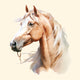 Watercolor portrait of a light-brown horse facing left, braided forelock and soft brushstroke shading.