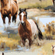 Pinto mare and bay horse standing in shallow marsh water, painted landscape with grasses and a distant foal.