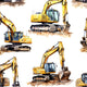 Pattern of yellow excavators with brown tracks and buckets on white background