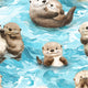 Playful otters floating on their backs in clear blue water.