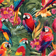 Colorful parrots perched among vibrant tropical leaves and flowers.