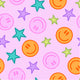 Pattern of orange smiley faces, green stars, and orange crescent moons on a pink background.