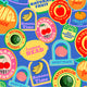 Colorful circular patches with words like "HEAD", "MANGO", "BANANA", and various fruit and leaf designs.