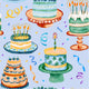 Various colorful birthday cakes with lit candles on stands, decorated with icing and sprinkles, set against a light background with confetti.
