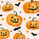 Seamless pattern of smiling carved pumpkins (jack-o'-lanterns) and flying bats on a pale background.