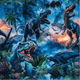 A vibrant jungle scene featuring a roaring Tyrannosaurus rex and two attacking Velociraptors under a dramatic sky at dusk.