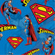 Pattern of Superman logos and illustrations of Superman in various poses on a blue background.