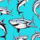 Pattern of various sharks swimming on a blue background