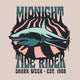 Graphic of a shark with the text 'MIDNIGHT RIDE RIDER SHARK WEEK - EST. 1988' in stylized font.