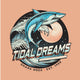 Stylized shark jumping over a wave with the text 'TIDAL DREAMS' and 'SURF. SKATE. STYLE.'