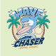 Logo with a shark wearing sunglasses and a cap, palm trees, and the text 'WAVE CHASER SURFING WAVE'