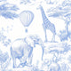 Blue toile pattern with elephant, giraffe, and hot air balloon in detailed line art.