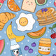 Colorful pattern of breakfast foods: fried egg, pancakes, croissant, banana, jar of jam, blueberries and strawberries.