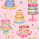 Pattern of colorful birthday cakes with candles on a pink background