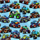 Pattern of colorful monster trucks on a blue background.