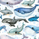 Pattern of various whales and dolphins illustrated in different shades of blue and gray swimming in different directions.