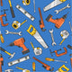 Pattern of assorted hand tools including saws, hammers, wrenches, screwdrivers, and pliers on a blue background