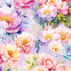 Pastel watercolor floral pattern with peonies and roses in soft pink, peach, lavender, and blue.
