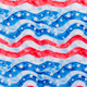 Wavy pattern of red and white stripes with blue sections containing white stars, resembling an abstract American flag.