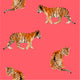 Pattern of multiple tigers walking and sitting on a pink background