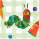 Illustration of a green caterpillar with a red head on a green and white checkered background with pieces of watermelon and other fruit.