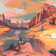 Lone rider on horseback crossing a sunlit red‑rock canyon at sunset, stylized painted landscape.