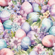 Pastel Easter eggs surrounded by flowers.