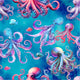 Colorful octopuses swimming underwater with a blue background
