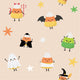 Halloween-themed pattern: smiling cartoon ghosts, witches, pumpkins, and a green monster on beige background.