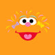 Cartoon character with orange fuzzy face, big white eyes, and a red tongue sticking out on an orange background