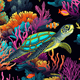 Colorful turtle swimming among vibrant coral reef