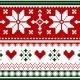 Patterned textile design featuring red and white snowflakes, hearts, and green cross-stitch motifs in horizontal bands.