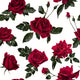 Pattern of red roses with green leaves on a white background