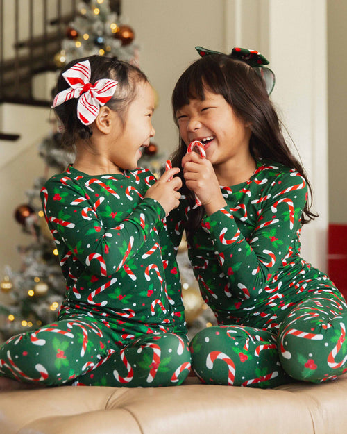 Baby Kids Bamboo Pajamas — Candy Cane Lane Long Sleeve Pajama Set - Dark Green — Image 1
