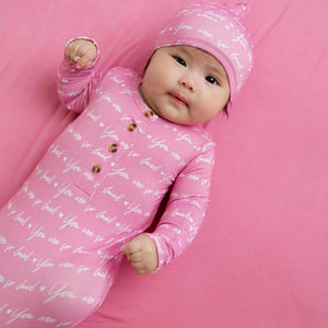 Baby Kids Bamboo Pajamas — You Are So Loved - Pink-a-Boo Knotted Gown & Beanie Set — Image 1