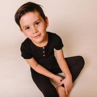 Baby Kids Bamboo Pajamas — Black Two-Piece Button Set - Short Sleeves — Image 1