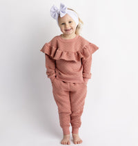 Baby Kids Bamboo Pajamas — Dusty Rose Quilted Ruffle Jogger Set — Image 1
