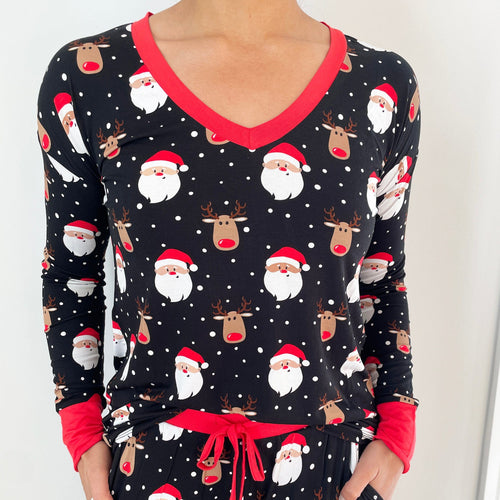 Baby Kids Bamboo Pajamas — Snow Ho Ho Women's Long Sleeve V-Neck Shirt — Image 20